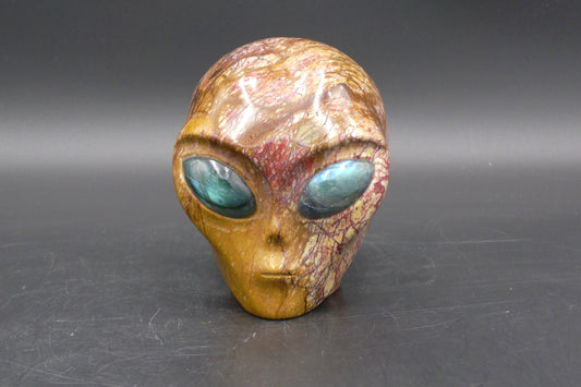 Beautiful Brecciated Jasper Alien Skull with Labradorite Eyes - 1223 g. - Size: 100 mm