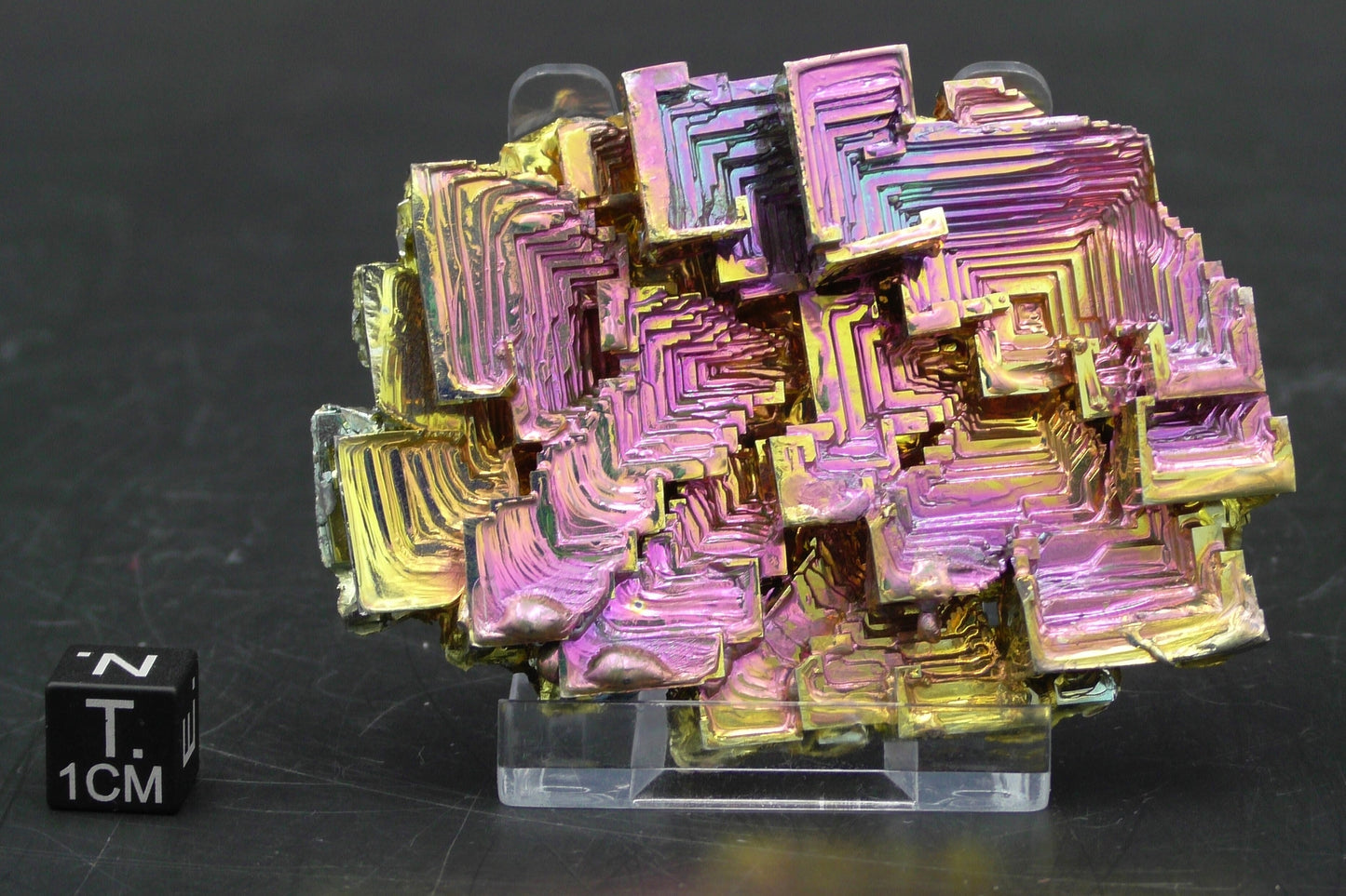 Rainbow Titanium Bismuth Crystal Cluster on Acrylic Display Stand - 114 g. (Nr. 7)