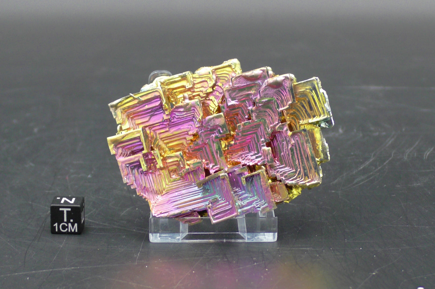 Rainbow Titanium Bismuth Crystal Cluster on Acrylic Display Stand - 114 g. (Nr. 7)